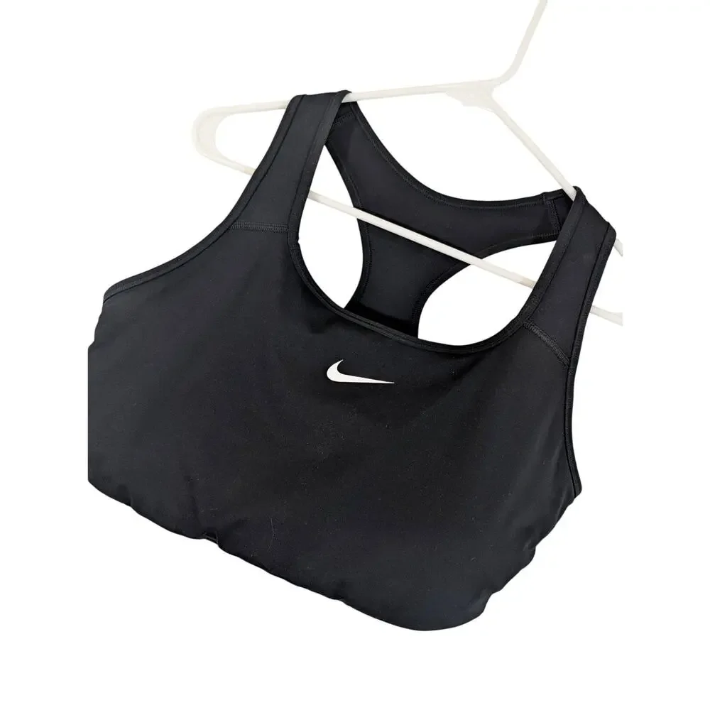 NIKE! BLACK ULTRA STRETCH, COMPRESSION WHITE LOGO FRONT ATHLETIC BRA TOP! SZ 2X